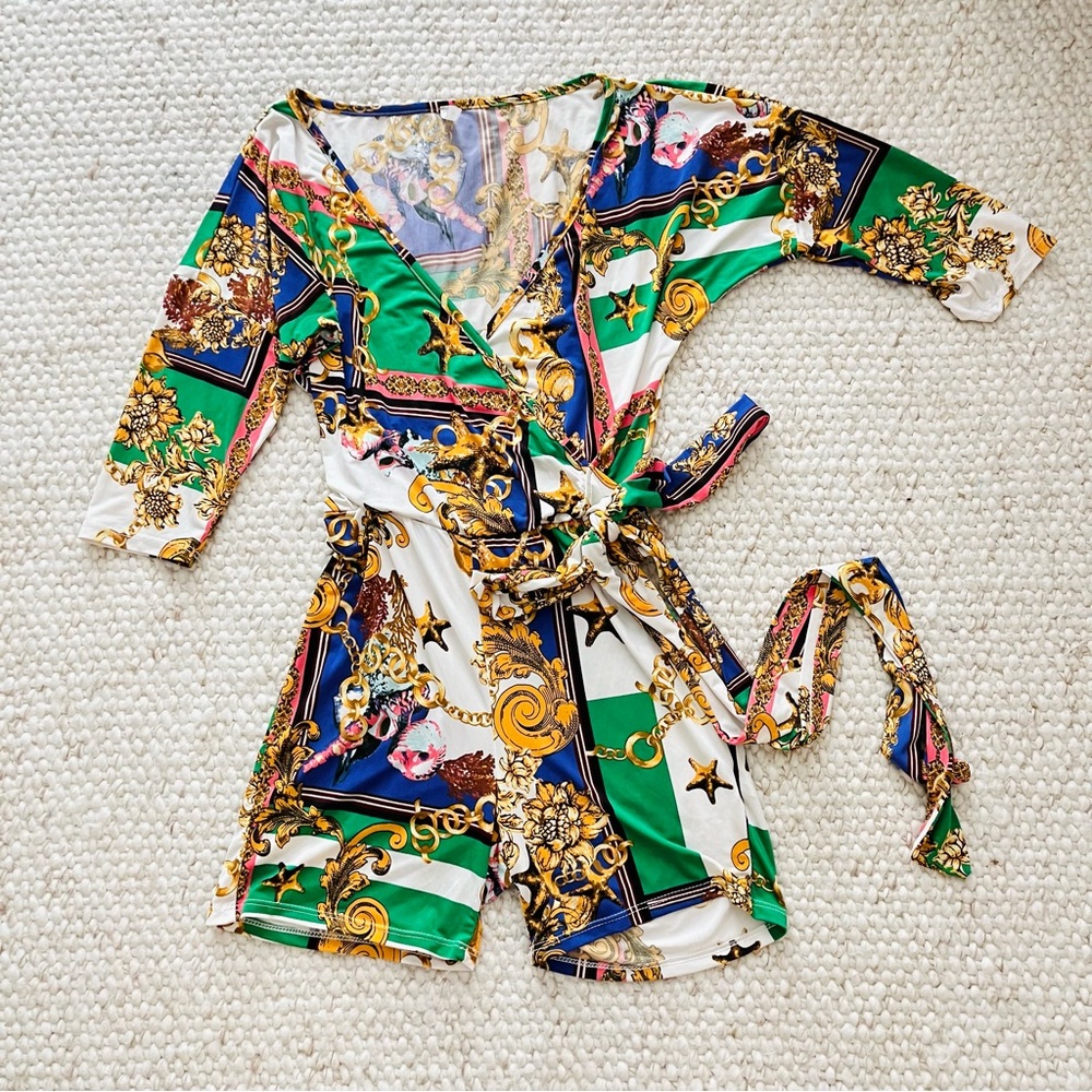 Luxurious Green and Gold Wrap Jumpsuit with Silky Fabric